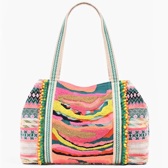 AMERICA & BEYOND Handbags - America and Beyond Daphne Beaded Tote Multicolor Boho Embellished Bag